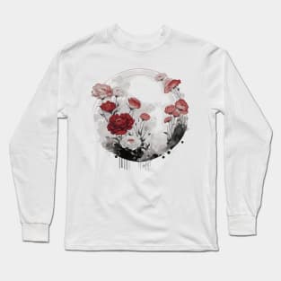 Red Carnations Circle Japanese Ink Art Long Sleeve T-Shirt